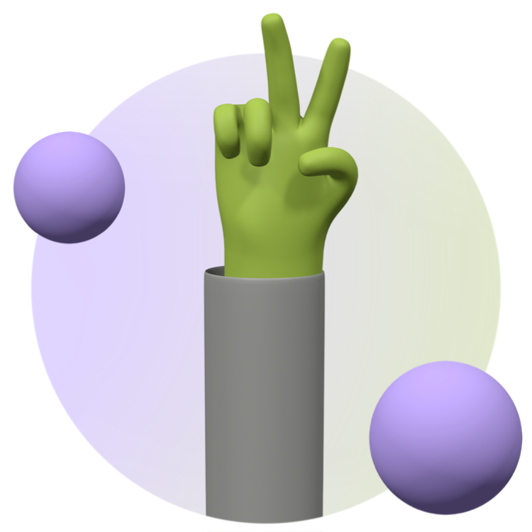 Ein Icon, dass eine grüne Hand zeigt, die ein Peace-Zeichen macht. Daneben zwei lila Bälle. Das Ganze ist vor einem grün-lila Hintergrund platziert.