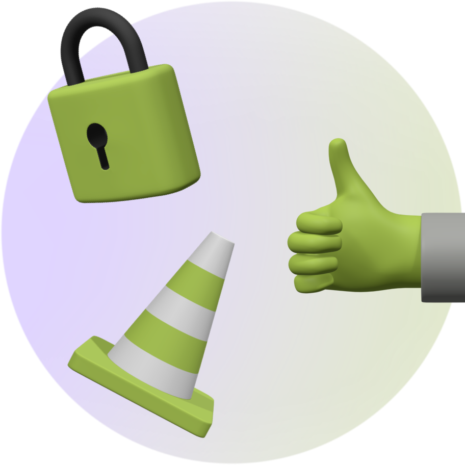 Ein Icon, das grüne Symbole zeigt: Ein Sicherheitsschloss, ein Sicherheitshütchen sowie eine Hand, die 