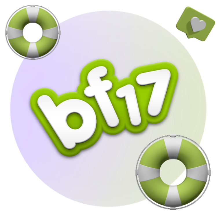 Ein Icon, das das grüne BF17-Logo zeigt. Das ist umgeben von zwei grünen Rettungsringen sowie einem Like-Symbol. Das Ganze ist vor einem lila-grünen Hintergrund platziert.